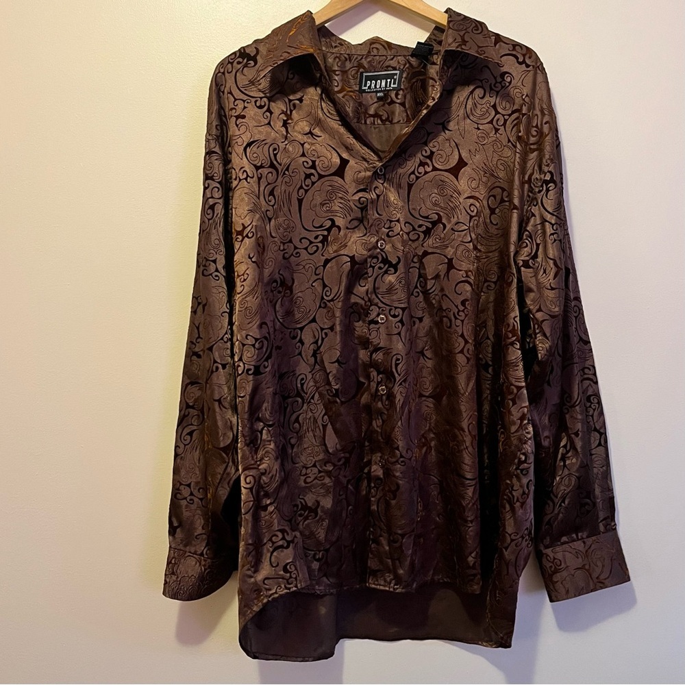 Pronti Collection Brown Satin Burnout Paisley Button Up Shirt Men’s 3XL Y2K - Picture 2 of 7